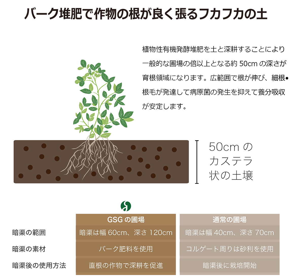 バーク堆肥で作物の根が良く張るフカフカの土